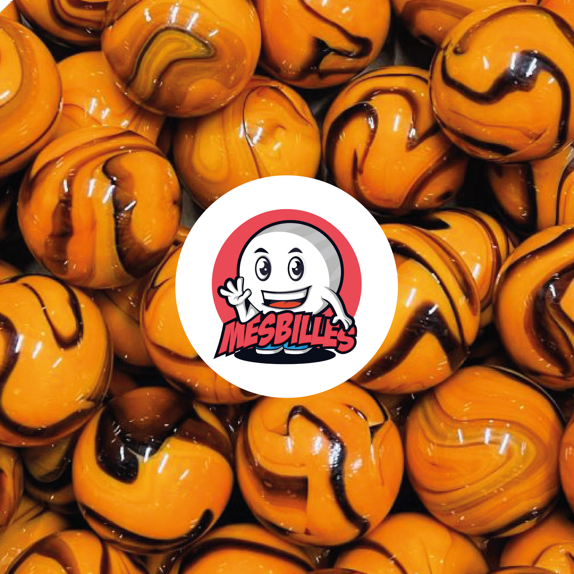 Imagen de la mascota MisCanicas rodeada de canicas Jupiter de 25 mm de color naranja con rayas marrones