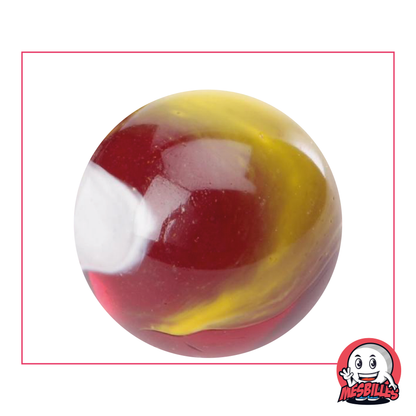 Canica Payaso de 42 mm en vidrio rojo oscuro translúcido con curvas blancas y amarillas, Canica Grande