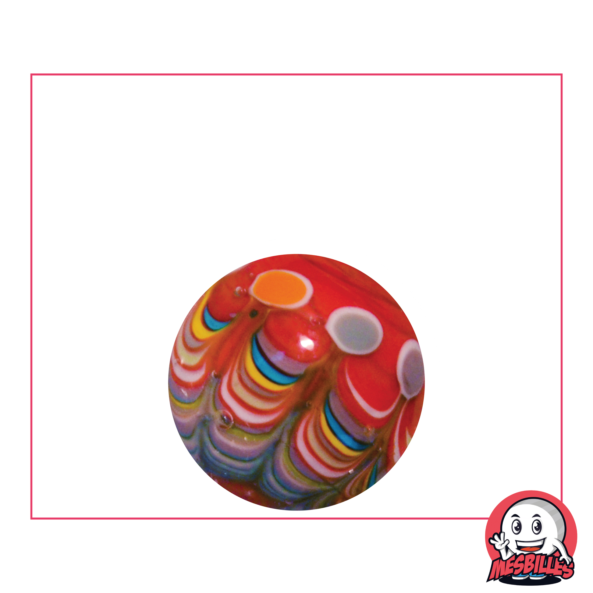 Canica Art Joker Roja 22 mm, canica personalizada hecha a mano con múltiples círculos de colores.