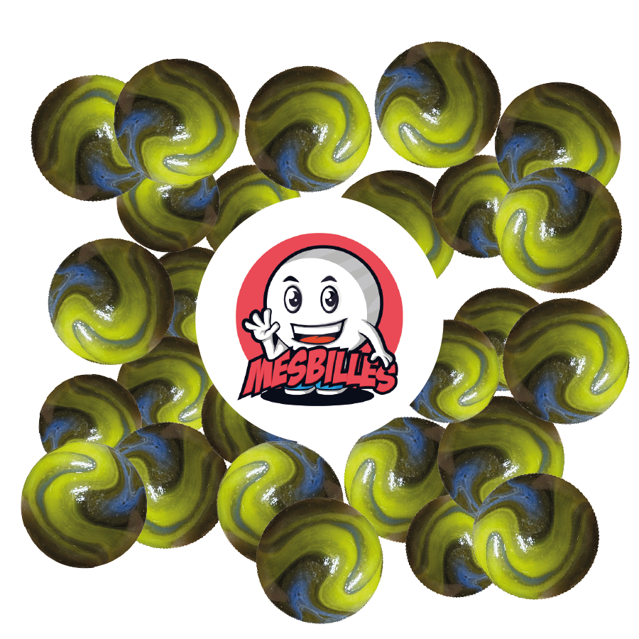 En la página web de MisCanicas, las canicas están disponibles desde 8 mm hasta 50 mm de diámetro, y algunas familias de canicas incluso superan los 50 mm. Esta Canica Arca Verde es una canica de cristal de 35 mm.