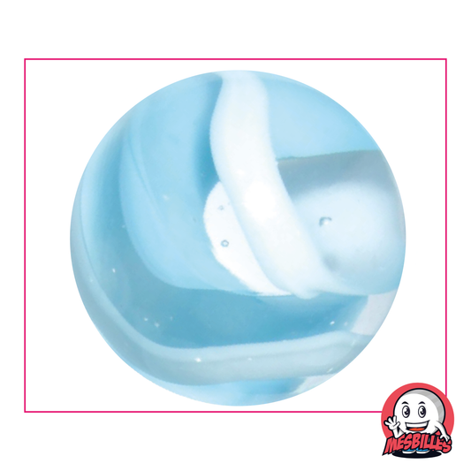 Canica Nieve 50 mm color cristal atravesada por blanco y azul claro, canica grande de gran tamaño
