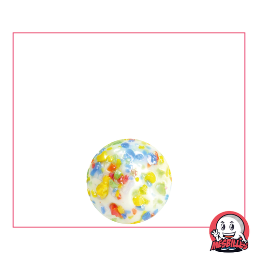 Imagen de la mascota MisCanicas rodeada de canicas blancas opacas de 14 mm recubiertas de fragmentos multicolores