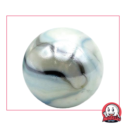 Canica Tigre Blanco 42 mm, canica blanca nacarada, canica muy grande y brillante con trazos marrones y azules