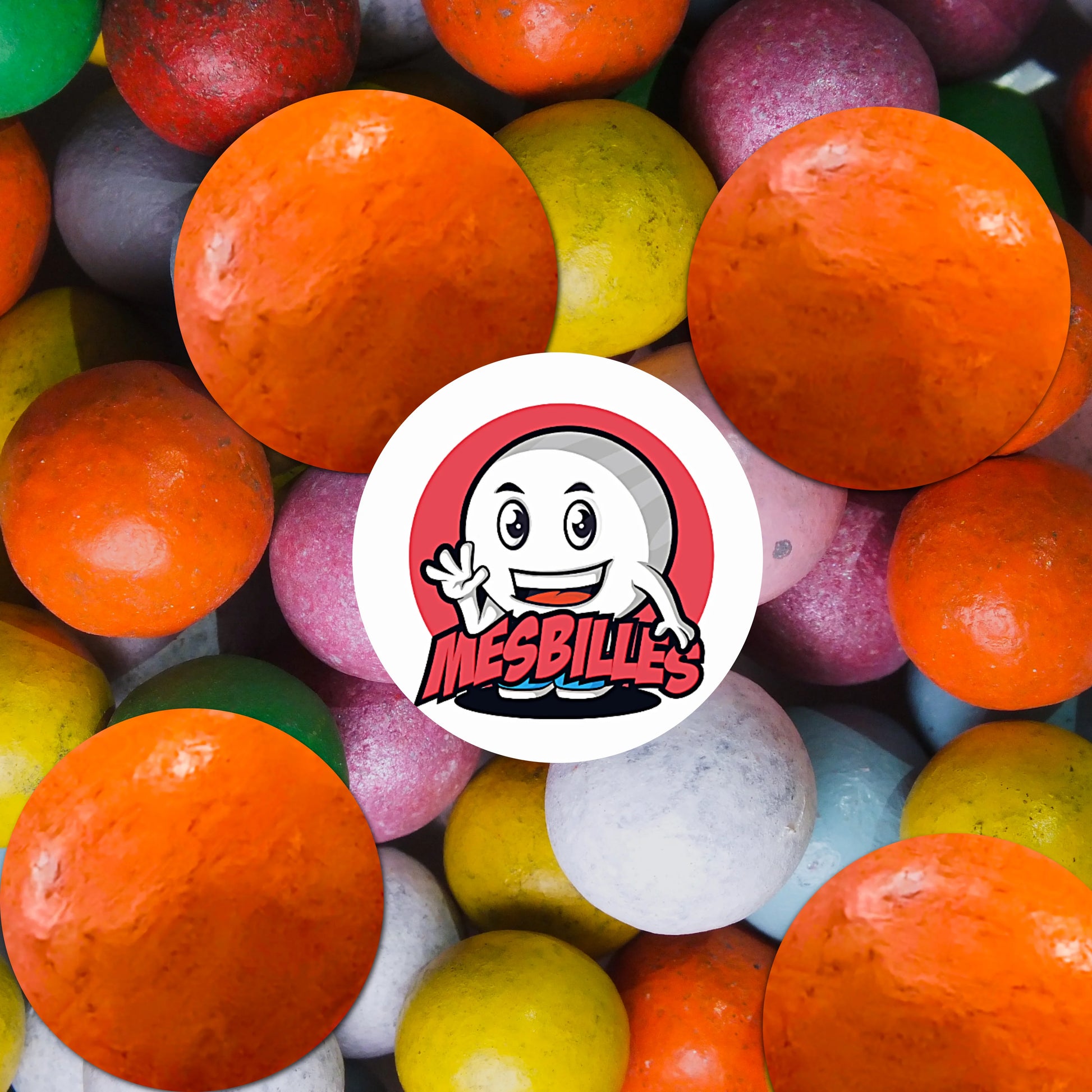 lot de billes en terre orange 25 mm parmi billes colorées